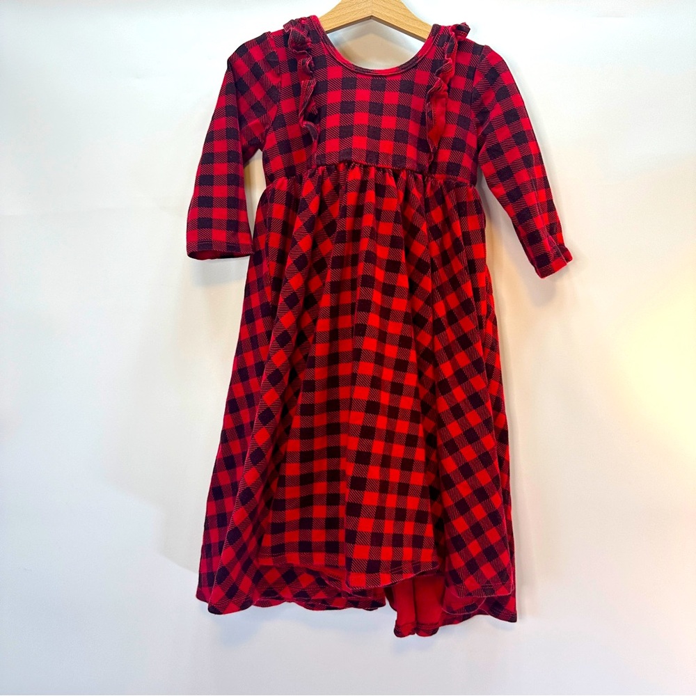 Remie Girl Buffalo Check Twirl Dress 3/4 Sleeve‎ Ruffle Low Back Girls